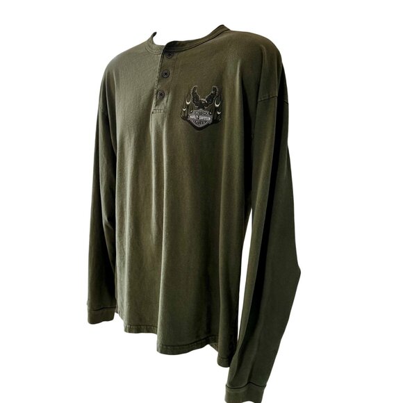 Harley-Davidson XL Green Henley Long Sleeve Shirt W/ UAE Live Free Graphic - Picture 4 of 7